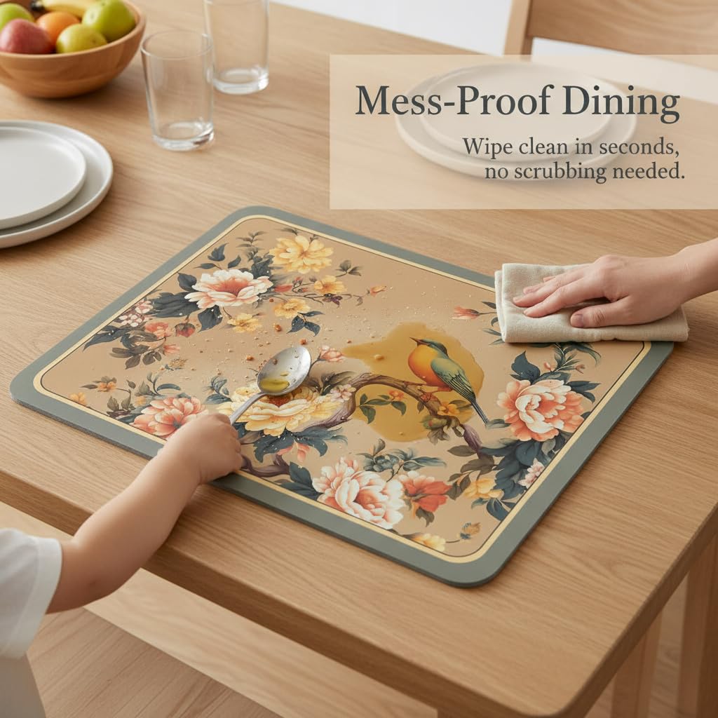 Tapis absorbant antidérapant cuisine , Fleurs & oiseaux-2 , 60x90cm