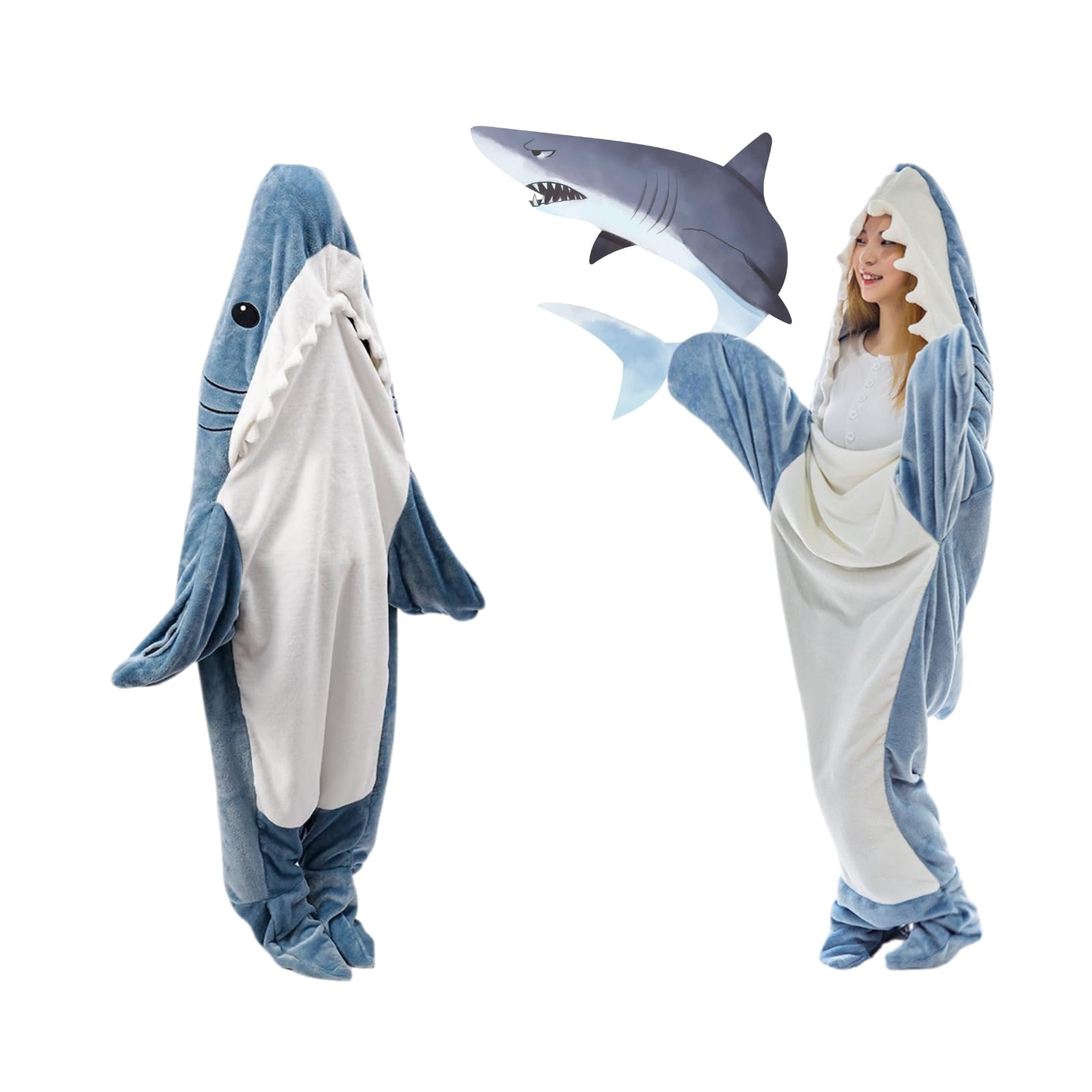 siluowna Shark Wearable Blanket Hoodie Onesie, Soft Cozy Flannel Pajamas, Comfort Hooded Sharks Costume, Both for Adult&Kids (M)