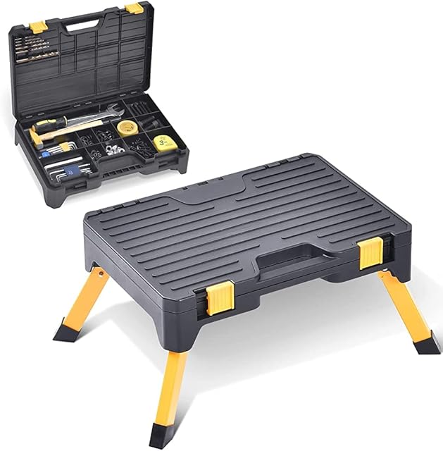 Kingrack Step Ladder with Tool Box, Non-Slip One Step Stool, Folding Step Ladder with Storage Box for Kitchen, Home, Truck