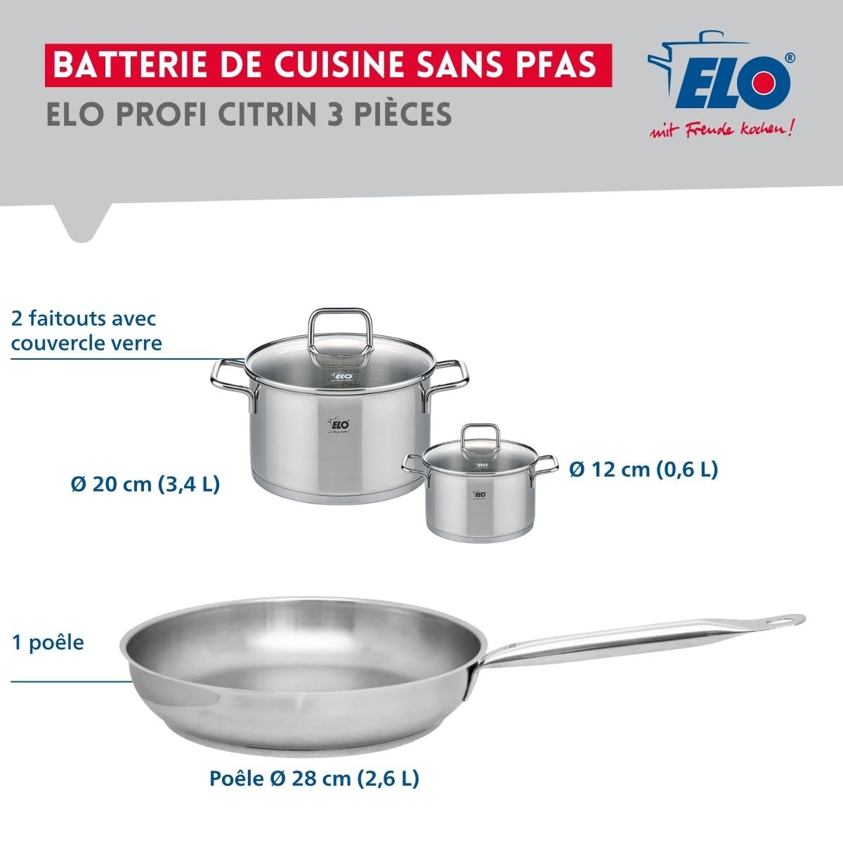 Elo Batterie cuisine 1 poêle 28 cm et 2 faitouts 12/20 cm