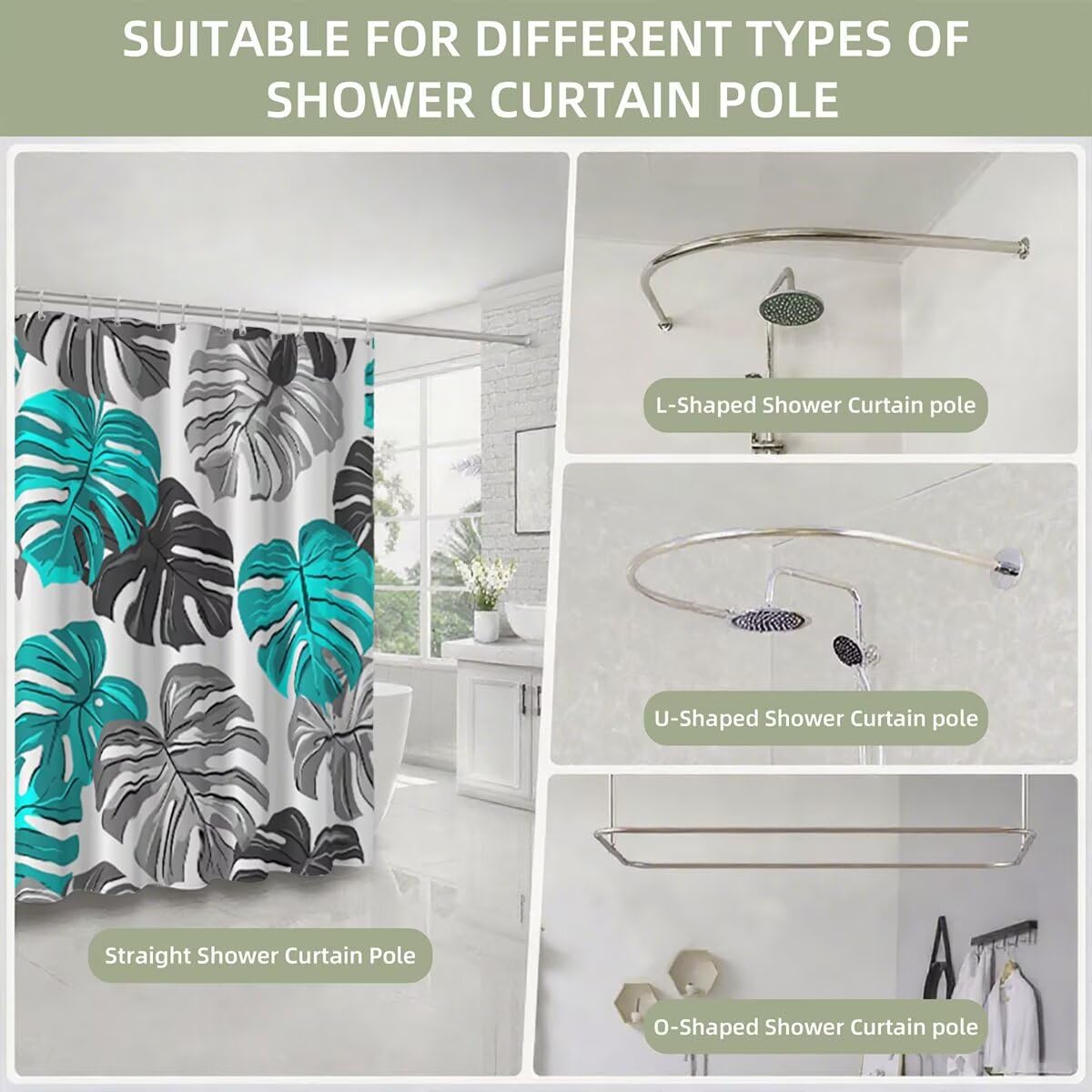Grau Duschvorhang 240x200, Duschrollo mit 12 Duschvorhang Haken, Blatt Shower Curtains Beschwerter Saum, Waschbar Polyester Stoff Wasserdicht Extra Lang für Badewanne Badezimmer Deko, Geschenke -3281