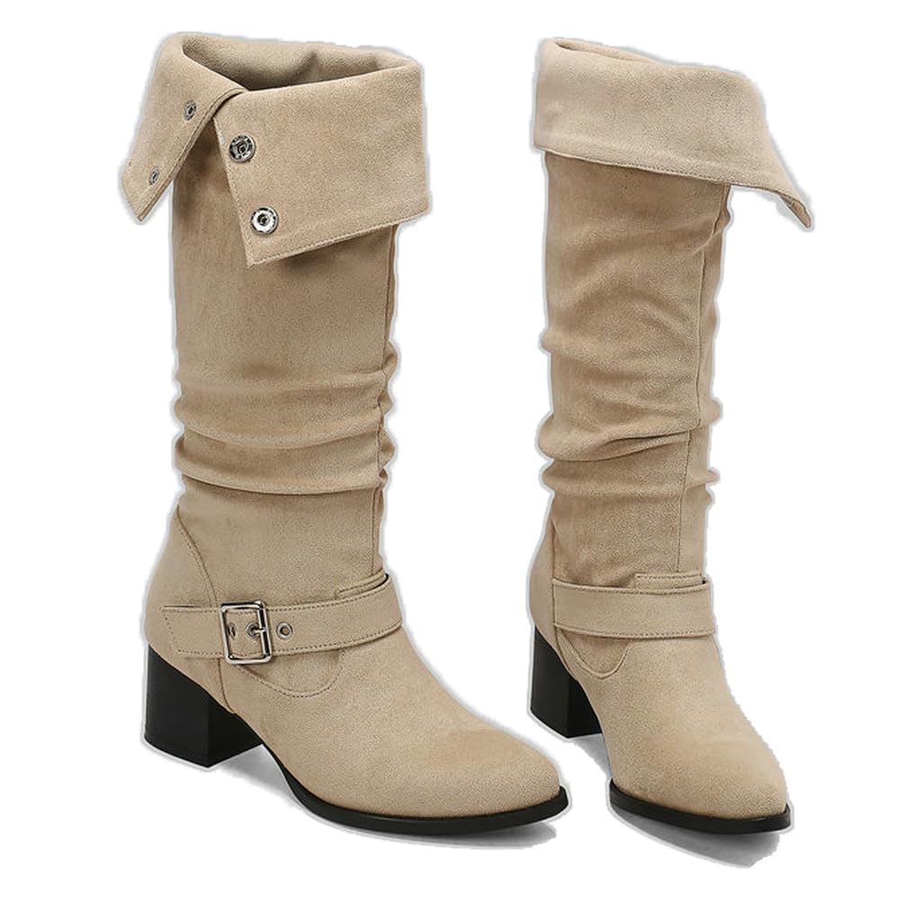 Womens Suede Knee High Fall Boots Wide Calf Chunky Block Low Heel and Slouchy Pointed Toe Winter Long