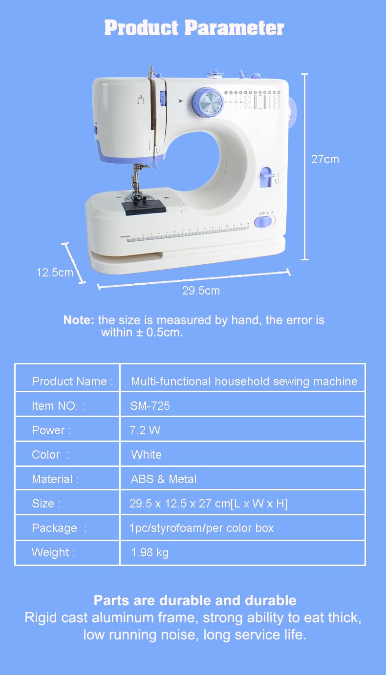 Máquina de coser para principiantes, mini máquina de coser eléctrica portátil pequeña con 50 piezas de tela y 32 piezas de hilo de coser, 12 puntadas integradas, 2 velocidades con pedal de pie (azul)