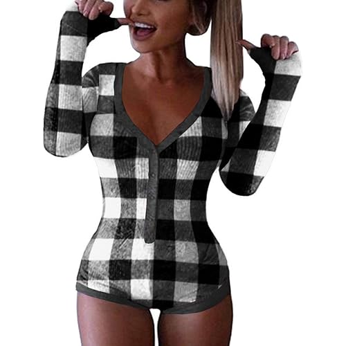 Roselux Women's Sexy Deep V Neck Shorts Long Sleeve Knitted One Piece Bodysuit Sexy Pajama Onesie Bodycon Rompers Overall