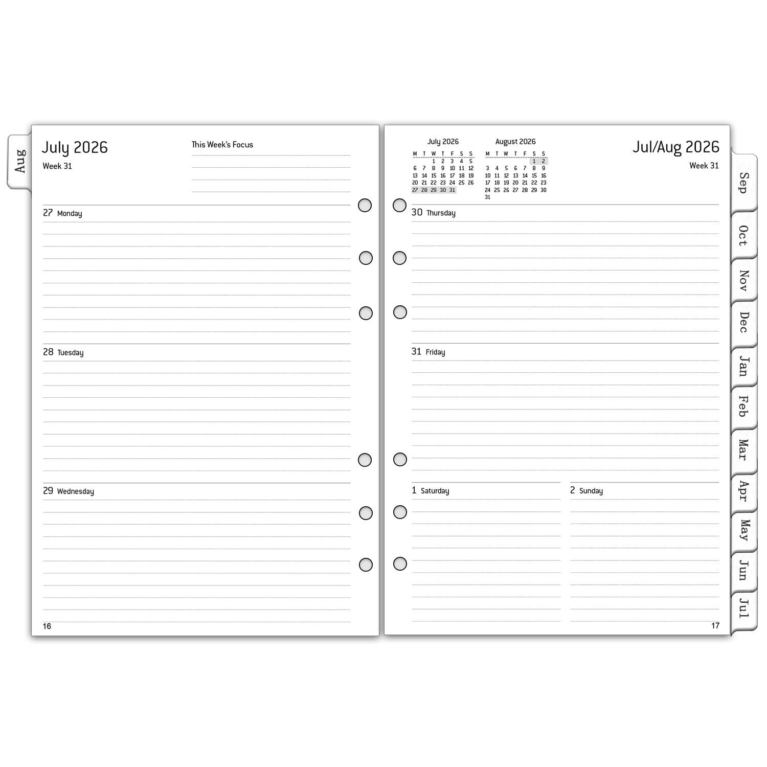 2026 2027 Middle Year Diary Refill A5 Week on 2 Pages, August to July, Weekly & Monthly Planner Inserts with Tabs, Notes, Contact, Timetable, Academic Year Calendar 2026/27, 6 Hole Organiser Refill