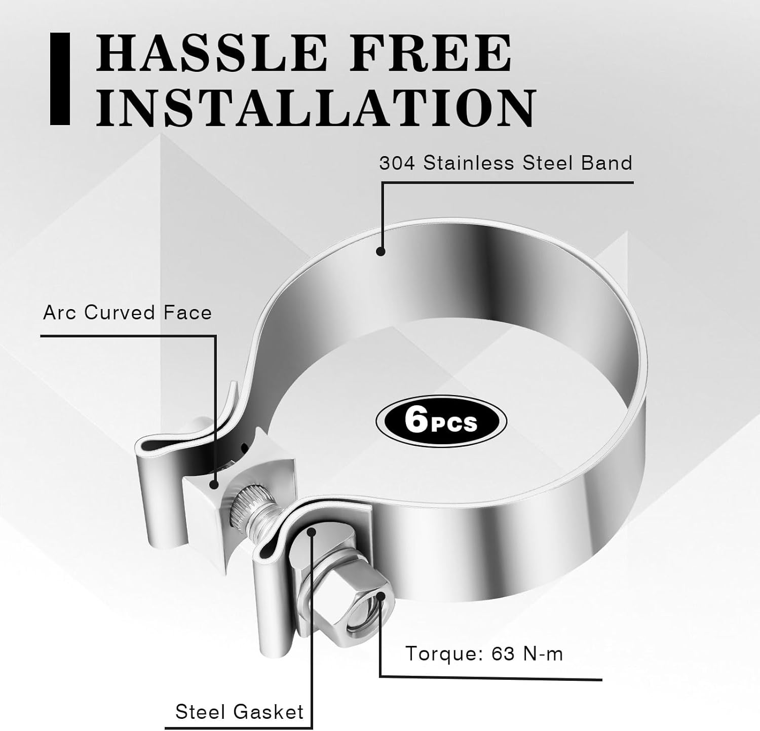 6 Pcs 2.5 Inch Muffler Clamp, 2 1/2" Narrow Band Muffler Clamp Stainless Steel for Pipes and System Repair