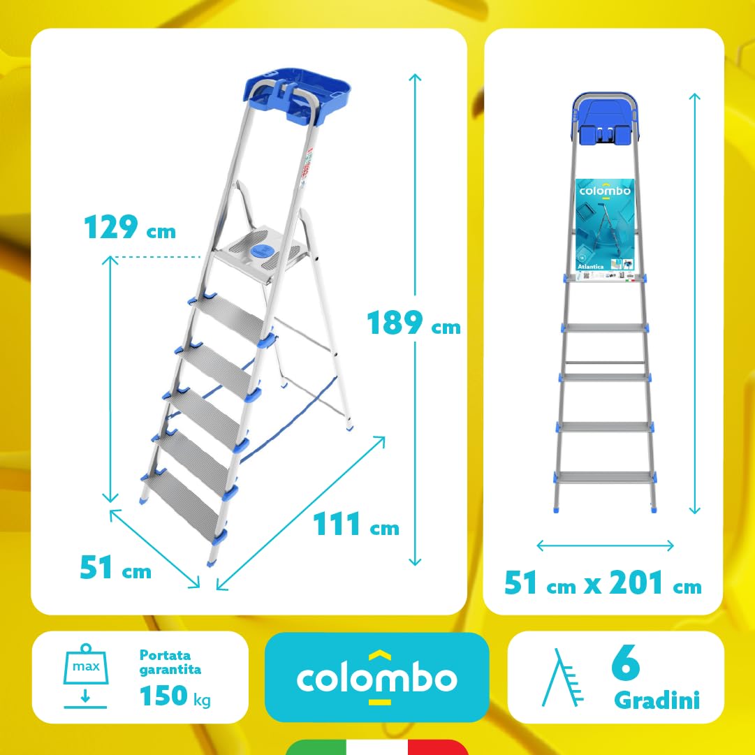 Colombo Scala Alluminio Atlantica 3/4/5/6/7/8 Gradini | Scala 6 Gradini Extra Large 12cm con Piattaforma Antiscivolo e Vaschetta Portautensili | Conforme EN131 TÜV-GS | Portata 150kg | Made in Italy