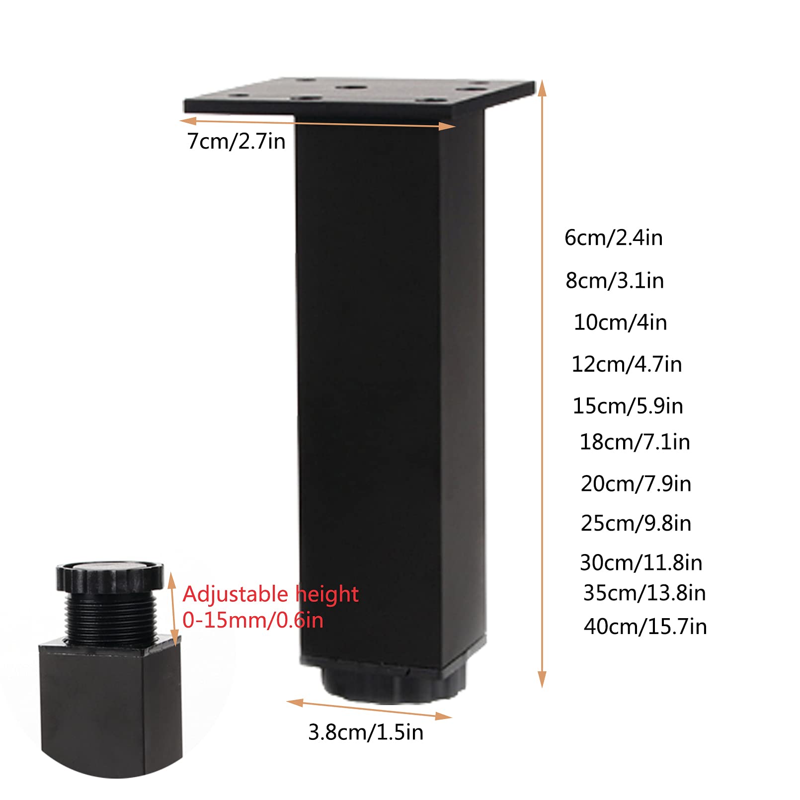 Pezzi in Lega di Alluminio, Gambe per tavoli in Metallo, Piedini per divani, Altezza Regolabile 0-15 mm, per mobili da Letto e divani, Quadrati (Nero 10 cm/4 Pollici)