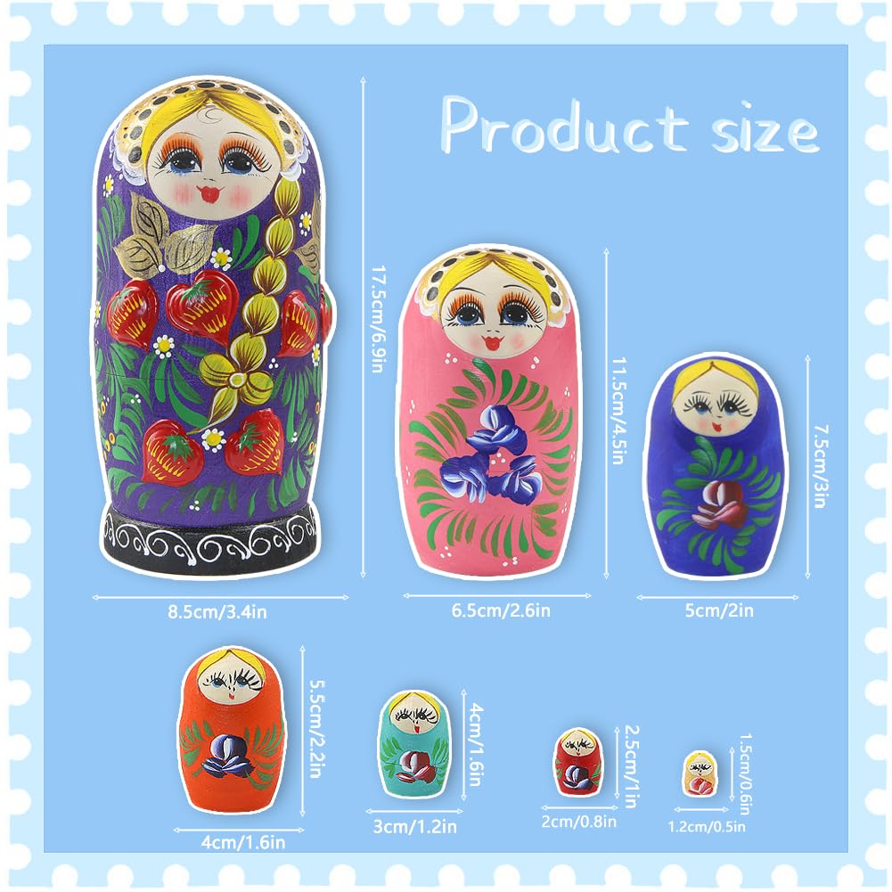 Set of 7 Pcs Traditional Russian Matryoshka Dolls Girl with Flower Nesting Dolls Long Pigtail Girl with Strawberry Handmade Wooden Dolls for Birthday Christmas Kid Stacking Toy Gift Home Decor
