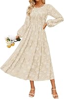 ZESICA Women's Boho Floral Midi Dress Long Sleeve Crewneck Flowy A-Line Fall Wedding Guest Dress