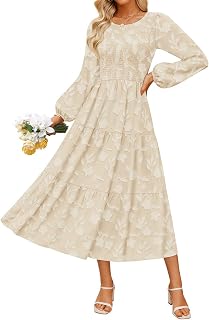 ZESICA Women's Boho Floral Midi Dress Long Sleeve Crewneck Flowy A-Line Fall Wedding Guest Dress