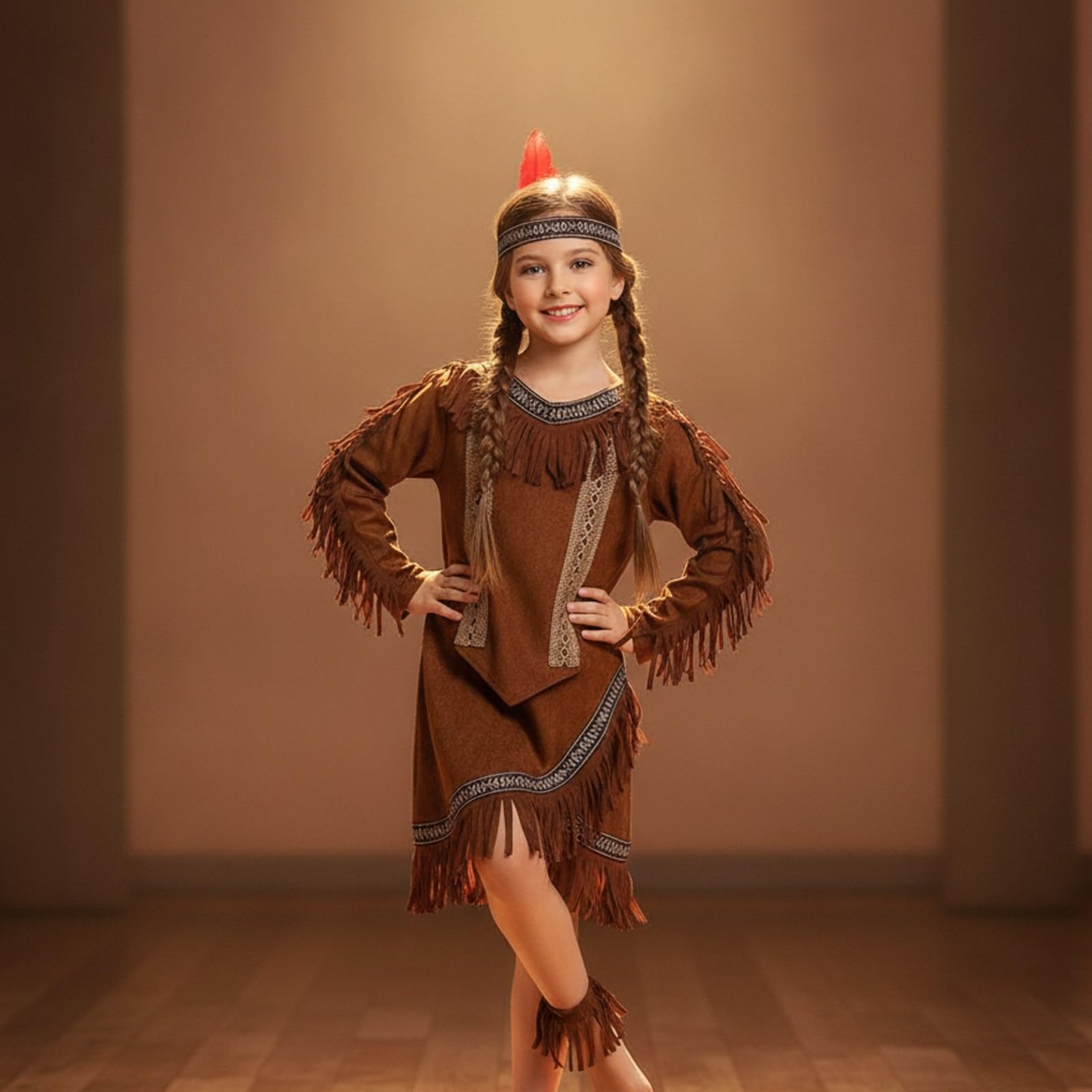 rockible Indianer-Kostüm mit Stirnband | Detailreich, Indianer-Kostüm mit Federstirnband, klassisch, für Fasching