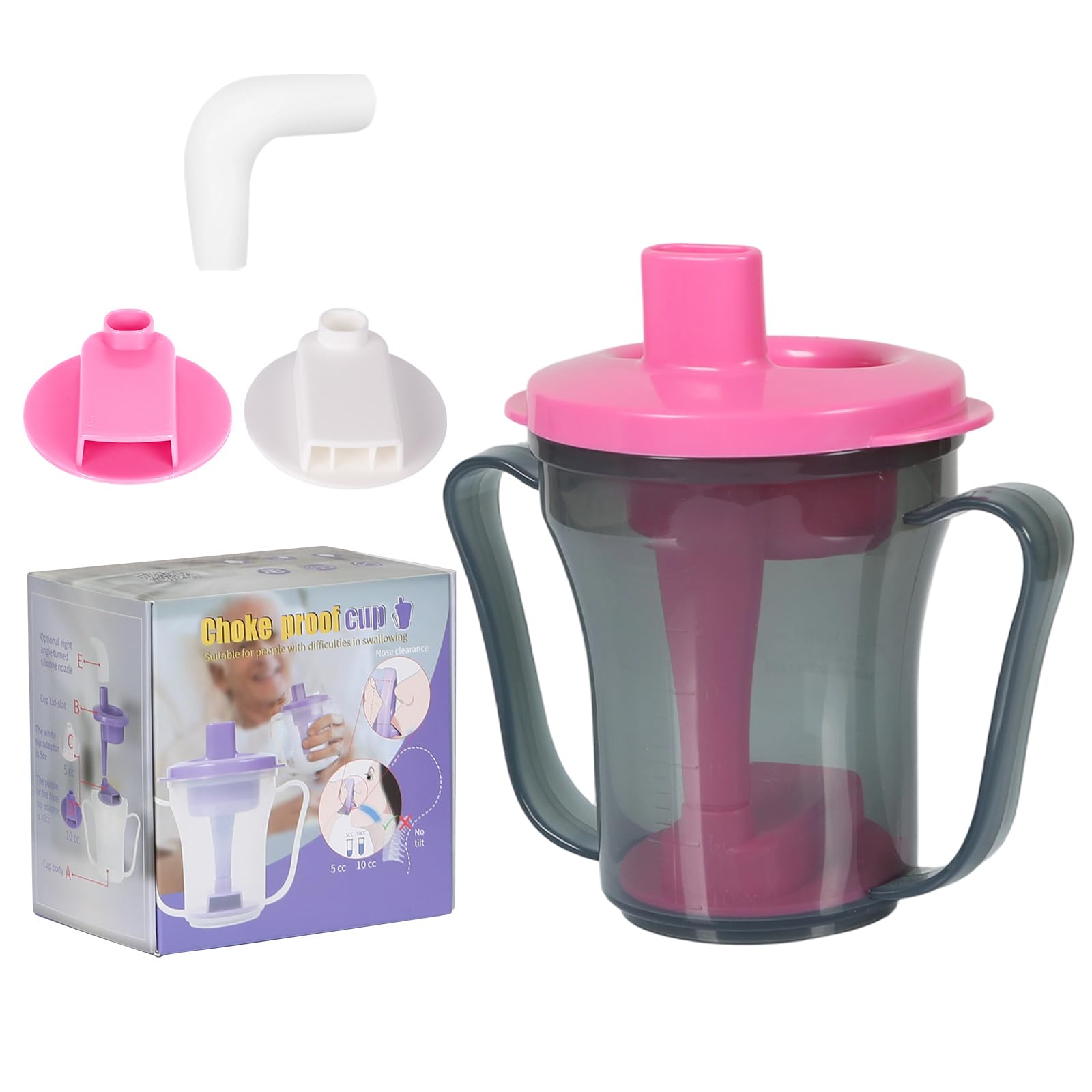Dysphagia Regulating Drinking Cup for Swallowing Problems,Provale Cup 5cc and 10cc for Elderly,Dysphagia Cup Adults with Handles (Gray Body and Pink Lid)