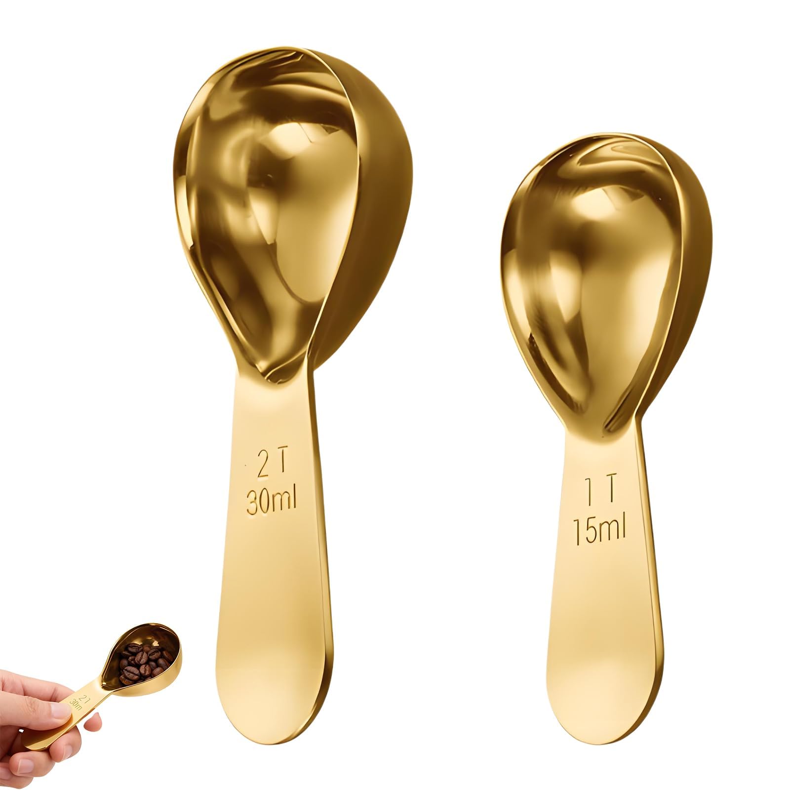 2 Pcs Golden Coffee Scoop for Ground Coffee, Tablespoon Measuring Spoons 15ml 30ml Stainless Steel Measuring Spoon Clear Scale, Suitable for Measuring Beans Tea Powder and Sugar