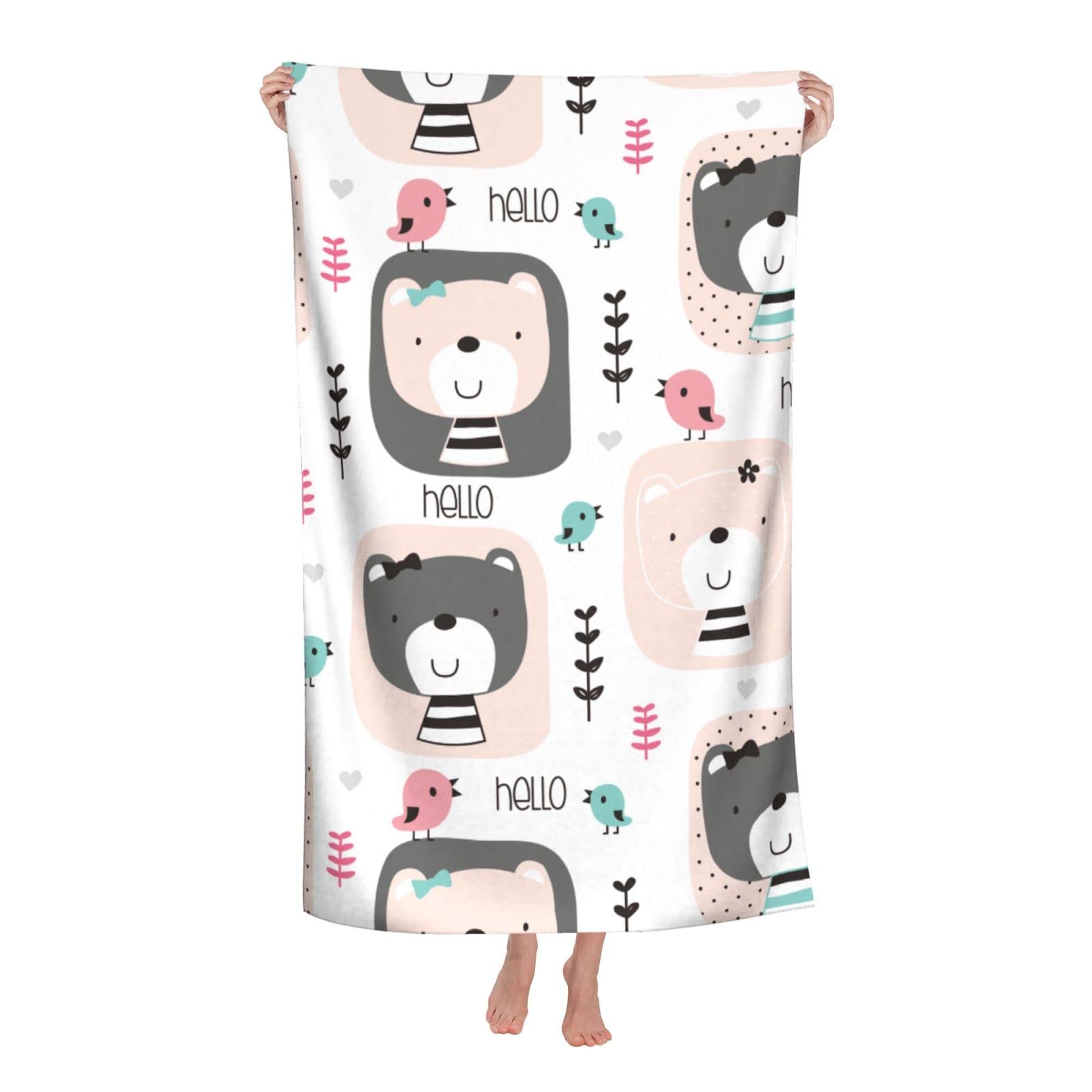 Ahdyr Microfiber Bath Towels 32"X52",Sand Free Teddy Bear and Bird Beach Towel, Extra Large Highly Absorbent Towels for Bathroom, Shower Towel, Super Soft and Eco-Friendly