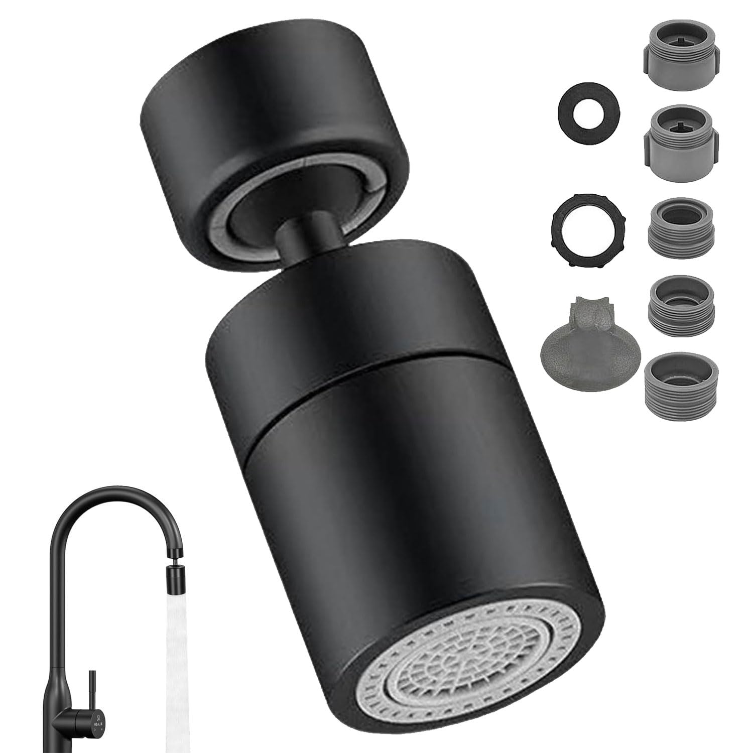 Jjiaolinin Black Kitchen Sink Faucet Aerator,360 Degree Rotate Tap Aerator,With 2 Spray Modes (Soft & Strong),Kitchen Faucet Aerators Splash Proof Spout,Universal Tap Adapter Attachment,