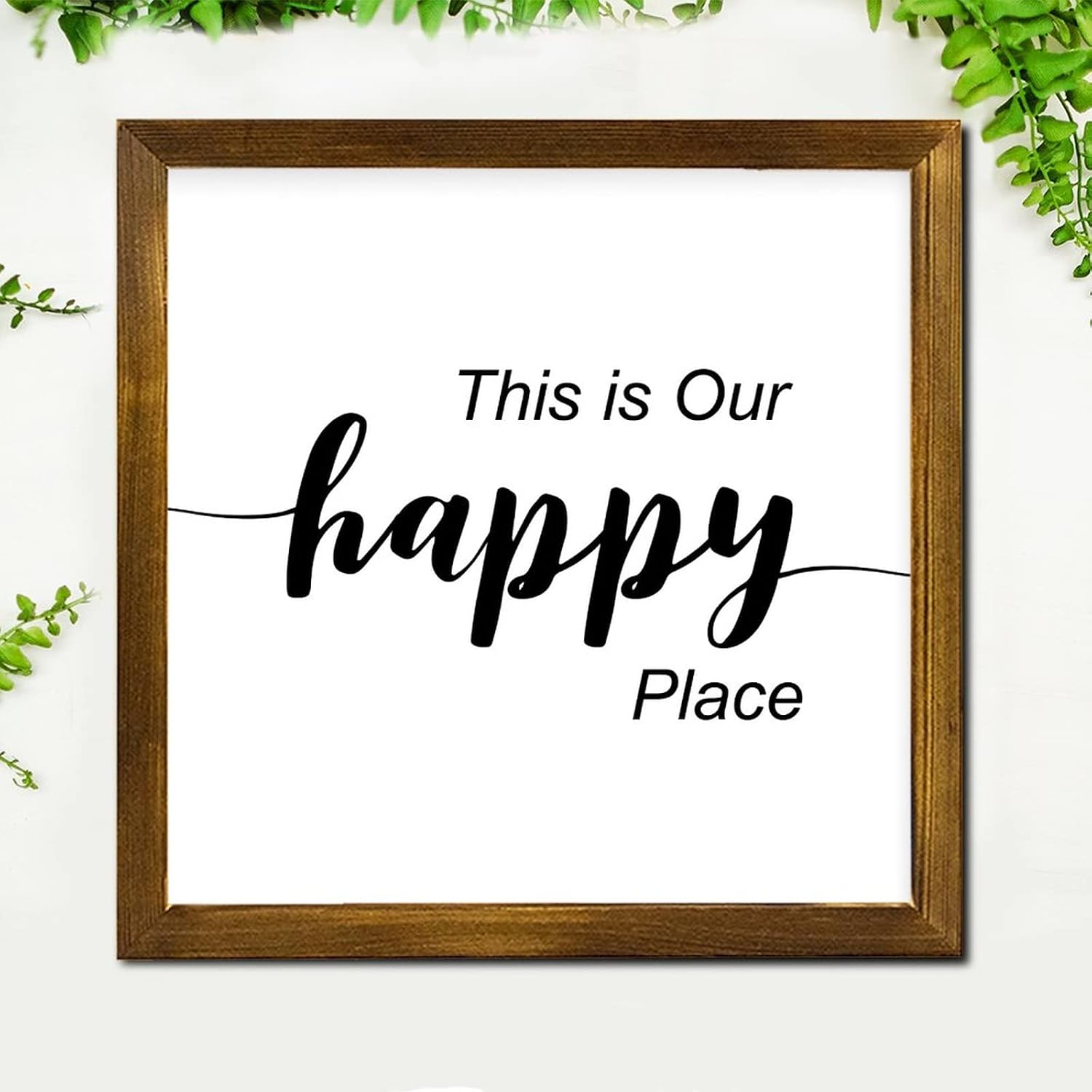 This is Our Happy Place Wood Framed Sign Saying Quote Wood Wall Art Vintage Wood Decor Farmhouse Wall Hanging Plaque for Home Kitchen Bar Room Garage Bedroom Housewarming Gift 12x12 Inch