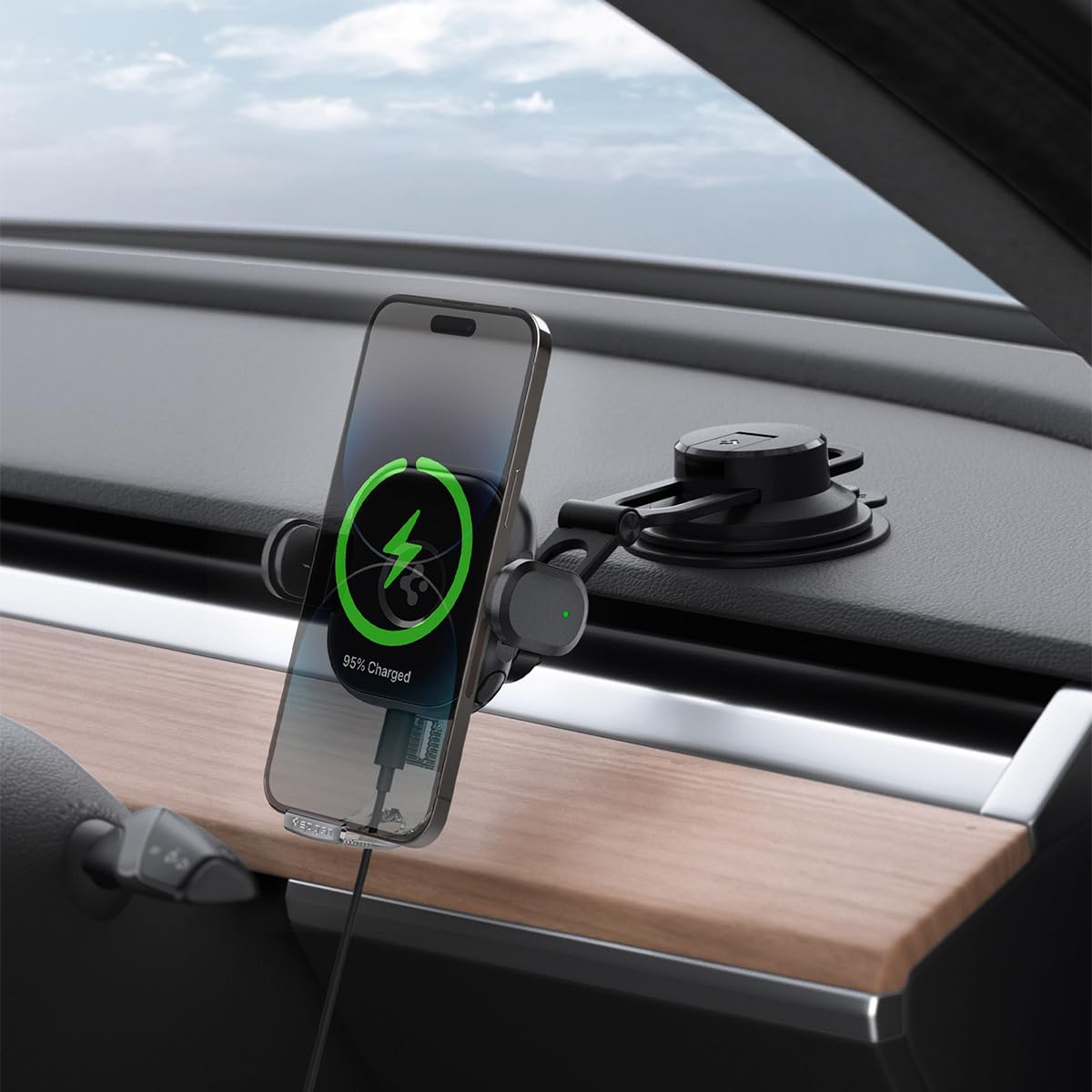 Spigen Dashboard & Windshield Car Mobile Holder [Max 15w Fast Wireless Charging][Strong Suction Cup][Double Joint Arm] compatible with most Smartphone Devices - Black-image-39
