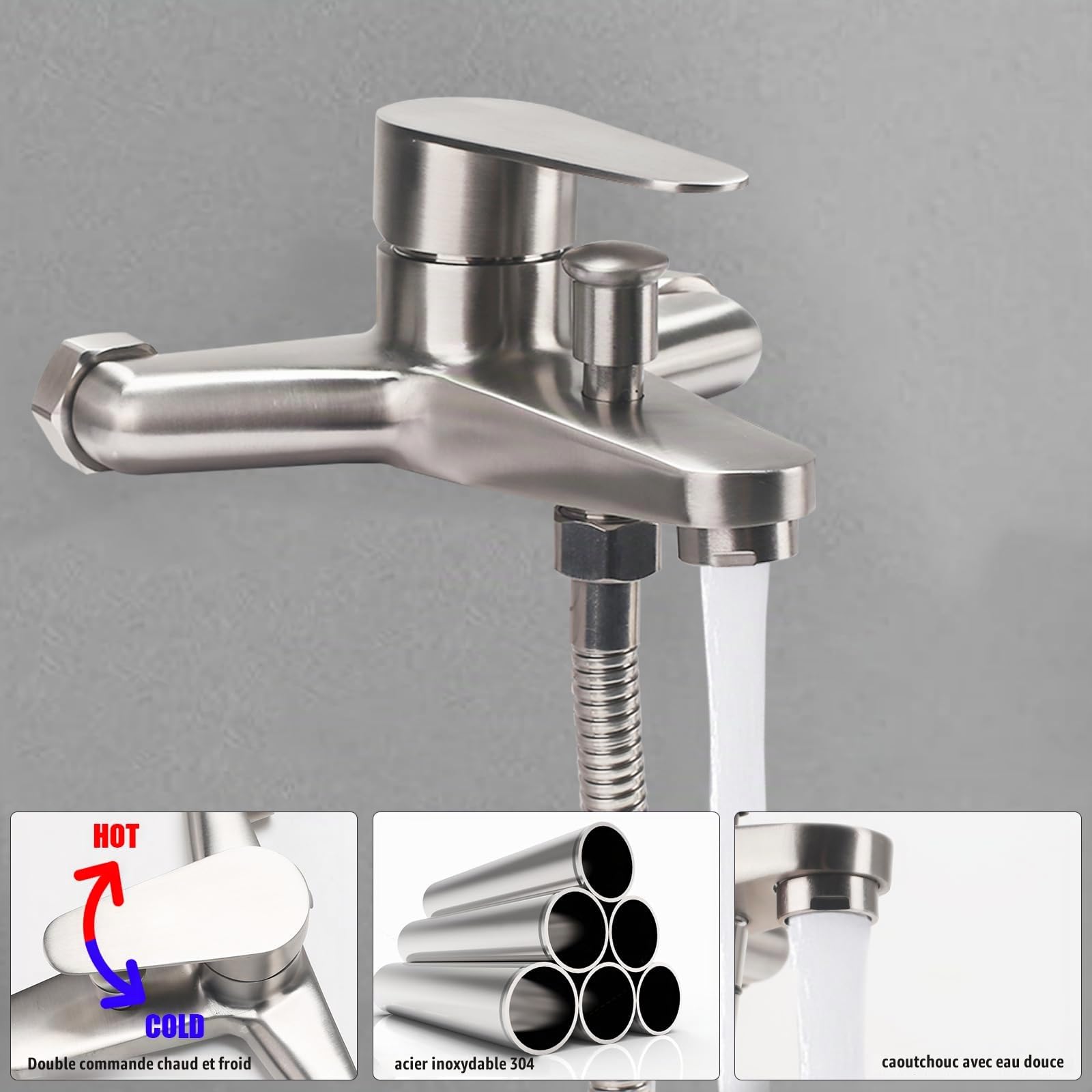 Robinet Baignoire avec Douchette en Acier Inoxydable 304 Brossé