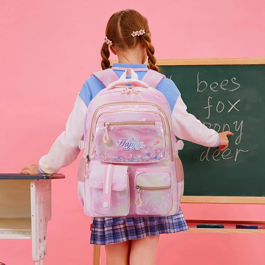 MCWTH Backpack for Teen Girls, Kawaii Cute Kids Elementary Student School Backpacks (Happy Pink)