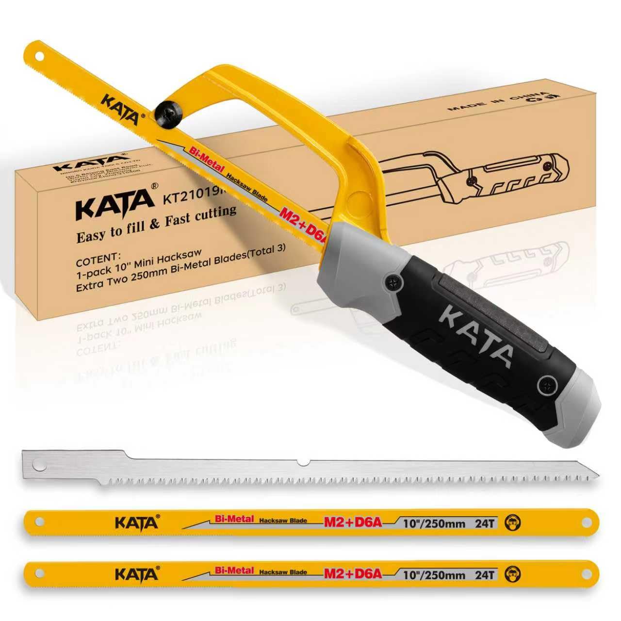 KATA Mini Hacksaw for Metal Cutting, Compact Hand Hack Saw Tool with 10 Inch Aluminum Frame, 2PC Extra Flexible M2+D6A HSS Blades and 1PC Woodworking