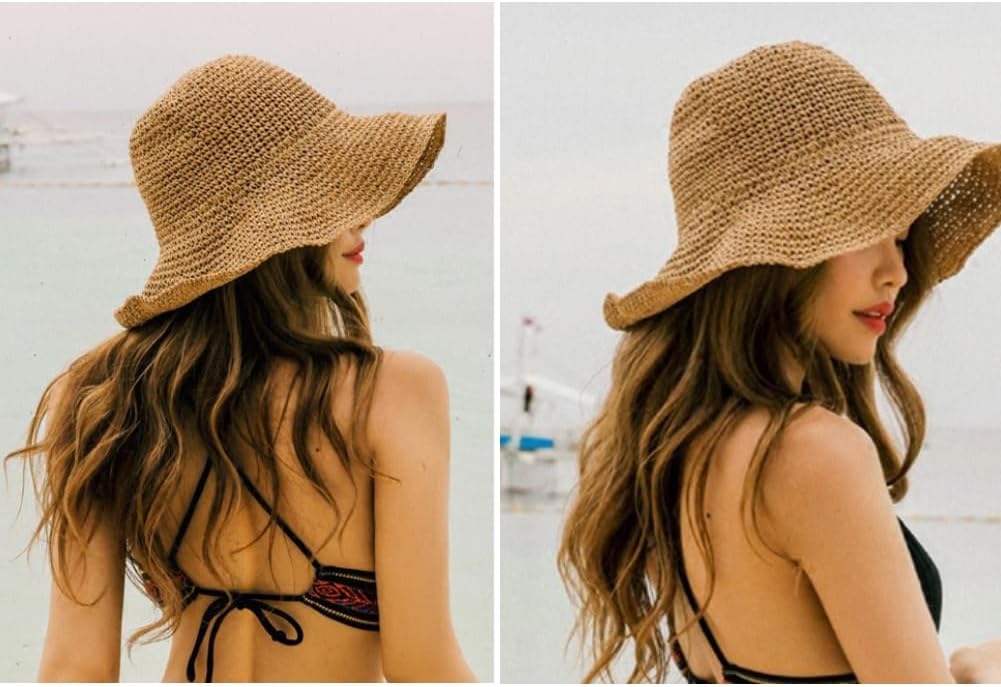 Womens Sun Hat Straw Hat Wide Brim Foldable Roll-Up Beachwear Sun Hat Summer Beach Hat (Khaki) - Image 3