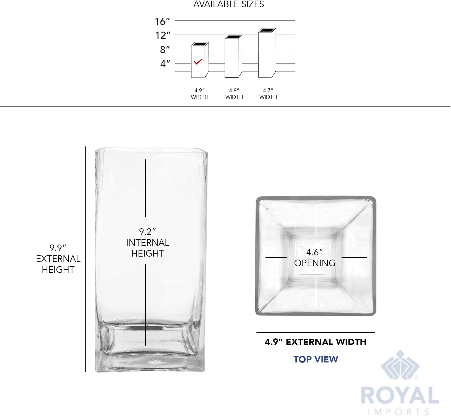 Royal Imports Flower Glass Vase Decorative Centerpiece for Home or Wedding - Tall Rectangle Shape, 10" Tall, 5"x5" Opening