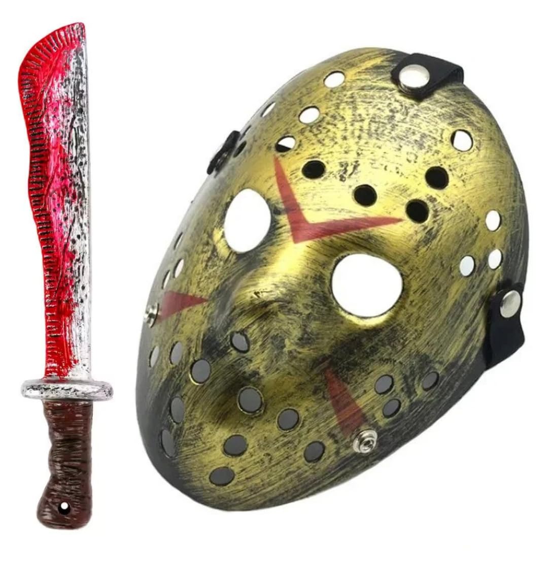 Boolavard Cosplay Machete Costume Halloween Horror Movie Hockey Mask for Adult Scary Halloween Party (Bronze)