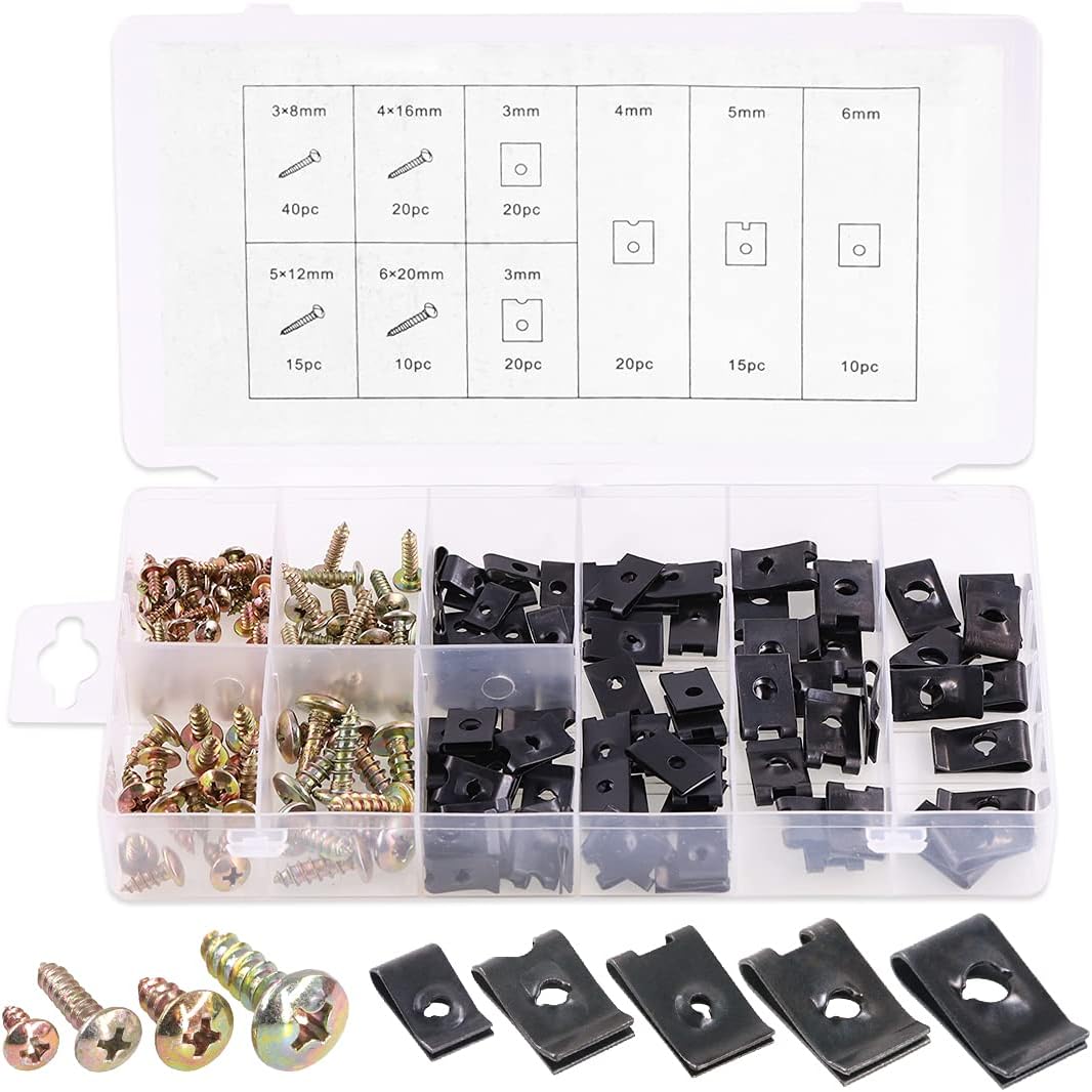 170 Pcs U-Clip and Screw Assortment Kit 9 Sizes Auto Car Clips Fasteners with Screws Set in Store Case for Bumper Dash Door Panel Interior