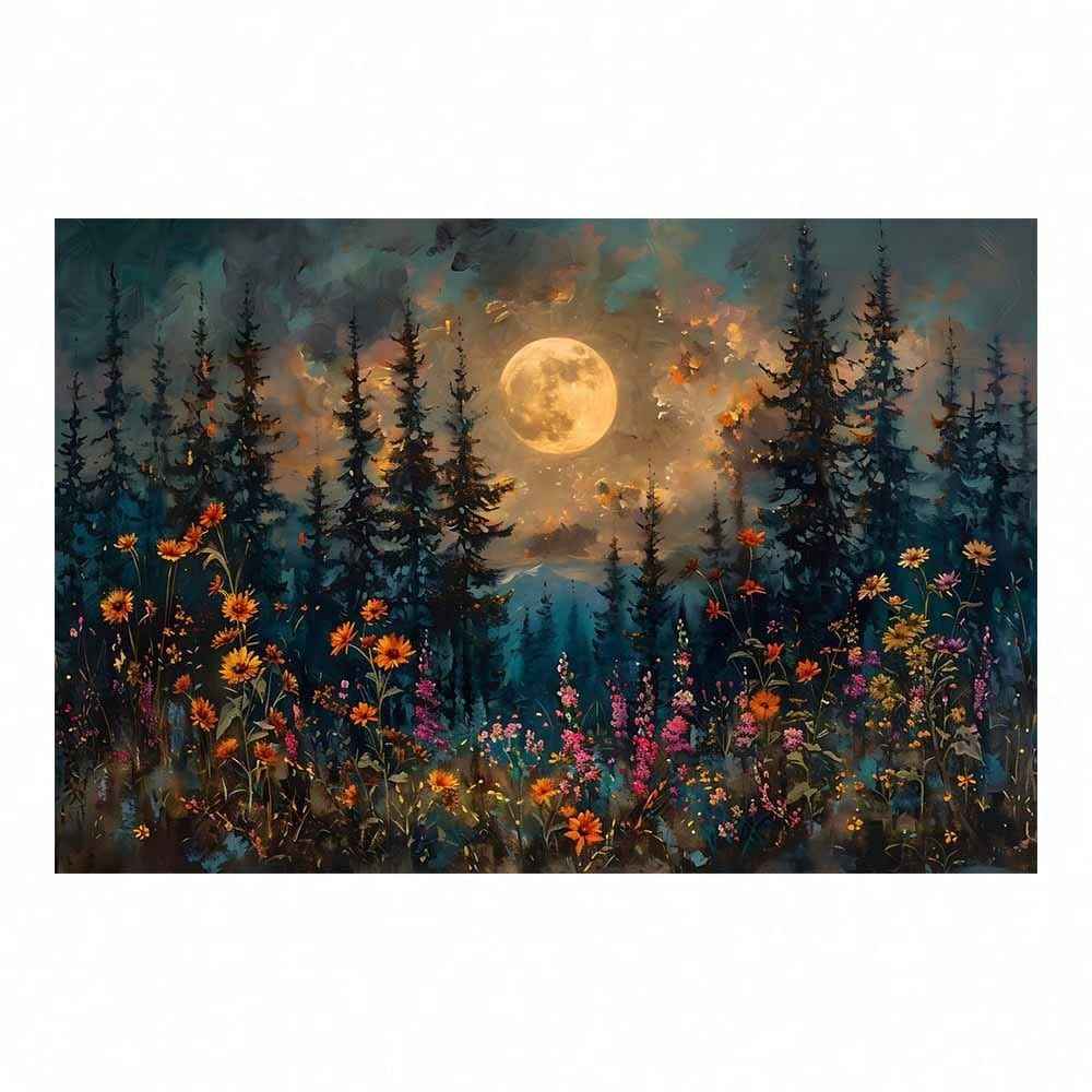 TZKBDMA Wildflower Forest Canvas Wall Art Landscape With Full Moon Painting(80x120cm/Without frame)