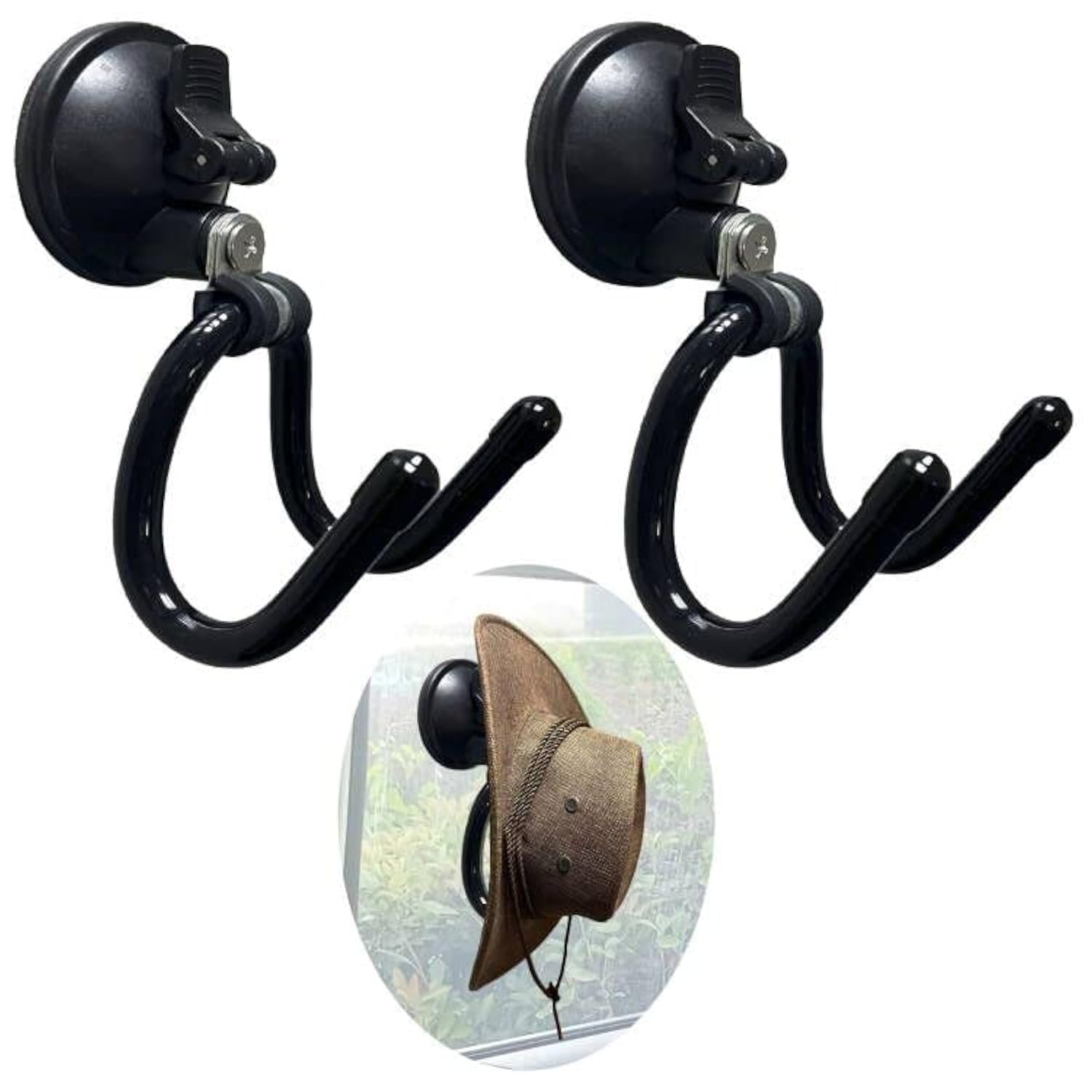 2Pack Suction Cup Hooks, Hat Storage Organizer Stand Holder Hanger for Car, Shower,Glass Window,Kitchen & Bathroom & Restroom, for towels,jacket,Purse,cowboy hat - No Tools，No drilling
