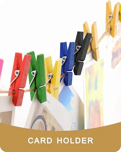 Miniatura 7 de Mini alfileres para fotos, pinzas de color dorado pequeñas, paquete de 100 clips de madera arcoíris coloridos con cuerda de 32 pies para