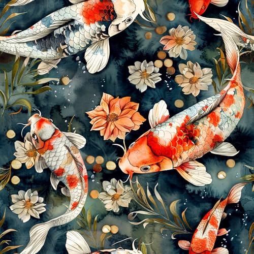 KDGHORMY Red Chinoiserie Fish Floral Wallpaper Self Adhesive Peel and Stick Watercolor Vintage Vivid koi Leaf Contact Paper Removable Waterproof for Bedroom Renter Friendly 17.71"x236.2"