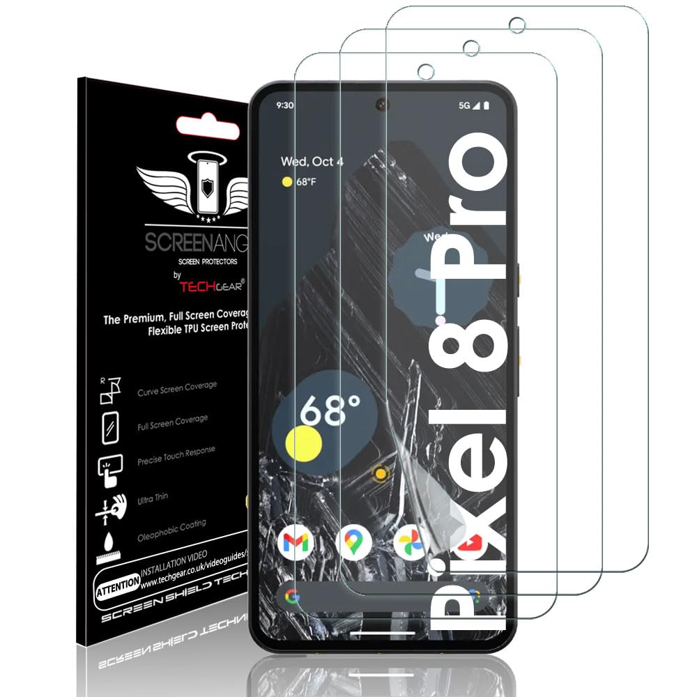 TECHGEAR [3 Pack Screen Protector fits Google Pixel 8 Pro Ultra [Screen Angel Edition] [In-Display FingerID Support][Case Friendly] [Bubble Free] [FULL Screen Coverage] HD Clear Flexible TPU Film