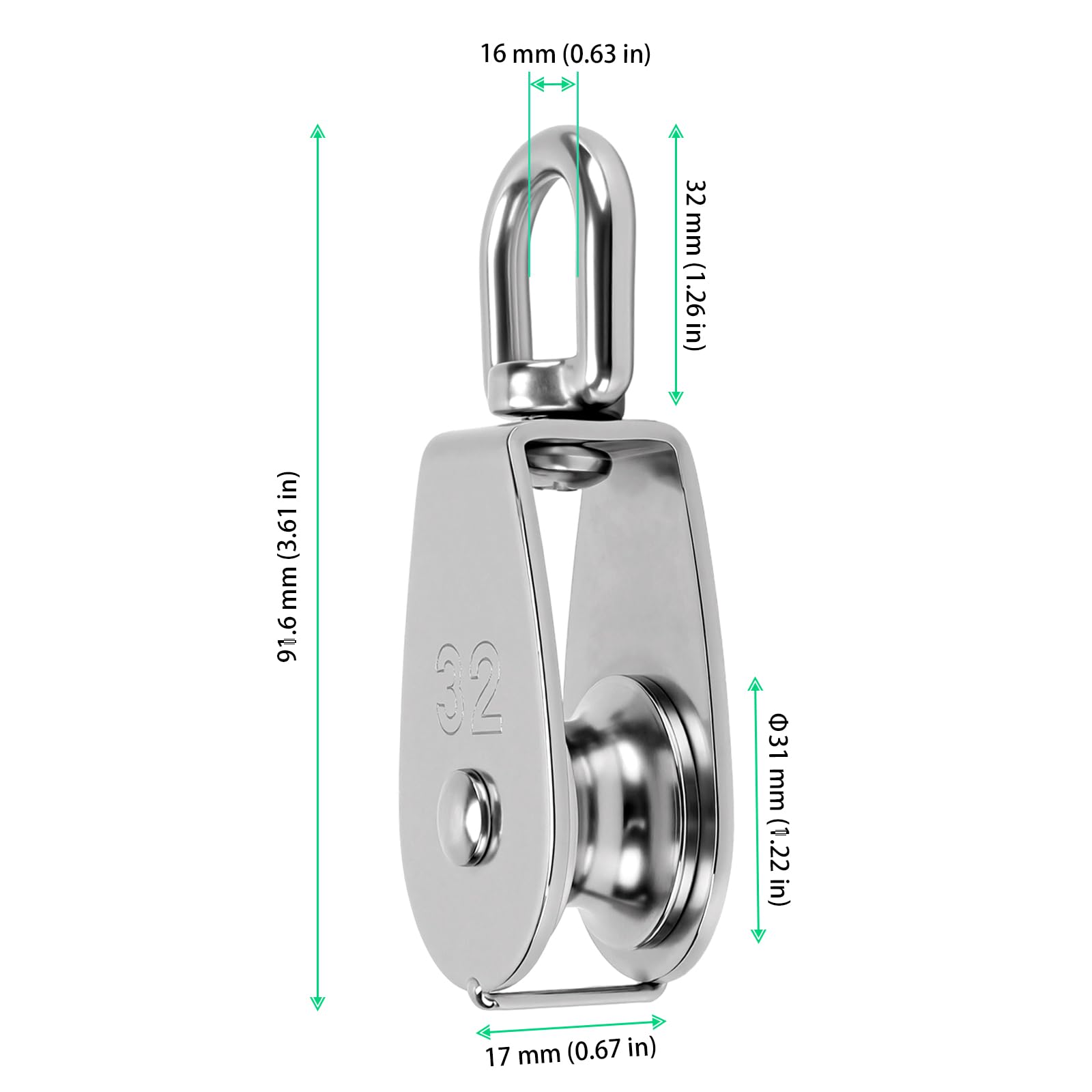 FUNSUEI Lot de 4 poulies M32 en acier inoxydable, capacité de charge de 250 kg, poulies simples robustes pivotantes à 360° pour corde et câble