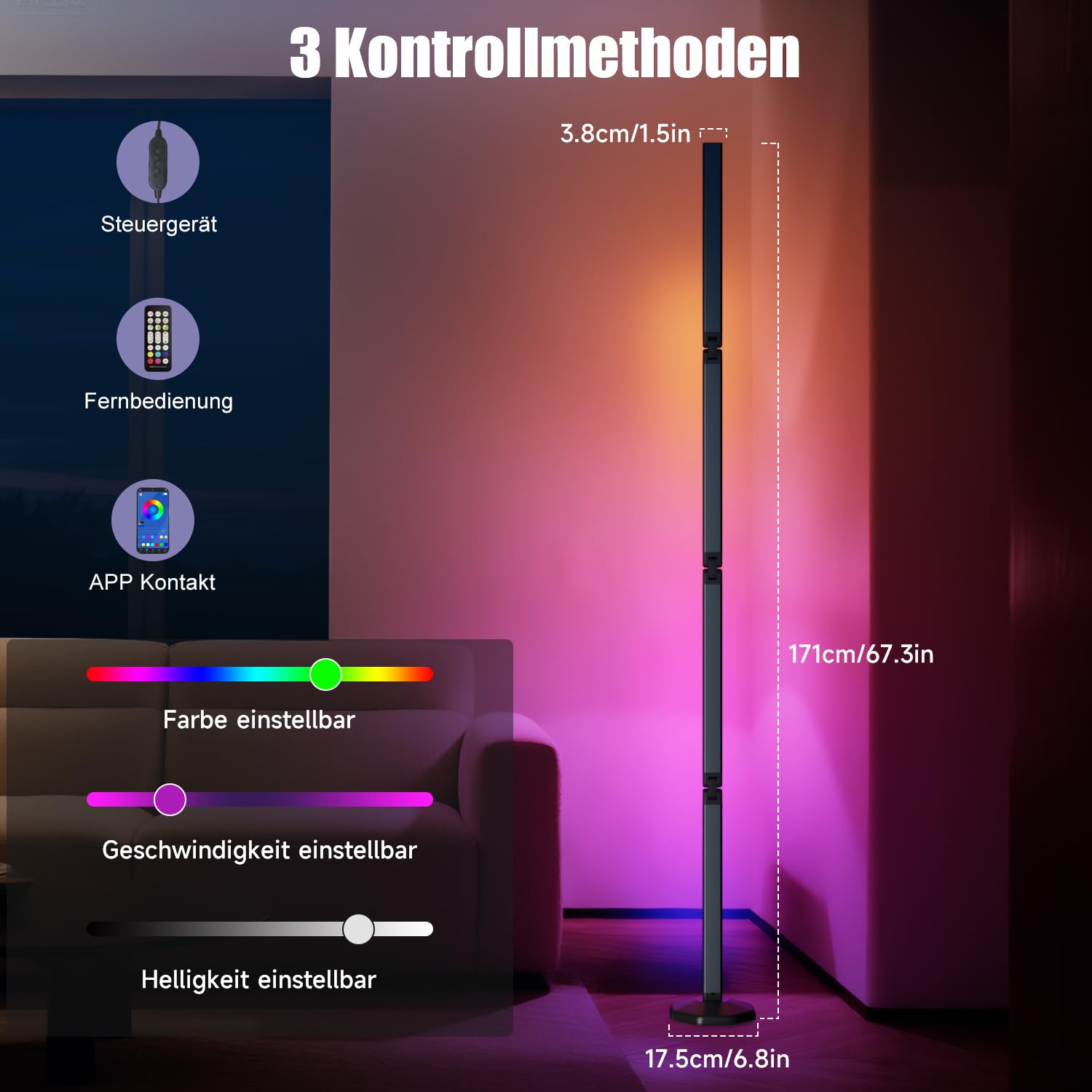 RGB LED Stehlampe Wohnzimmer 170cm, Modern Smart Stehlampe Dimmbar Faltbar mit Fernbedienung und App, 16 Millionen Farben, 99 Szenenmodi, Diy-Modus&Timing, Ecklampe für Schlafzimmer Gaming
