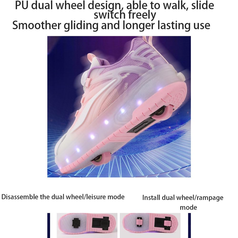 Wrotki dziecięce LED, buty sportowe z kołami, buty do deskorolki z dwoma kołami, chowane, tryb chodzenia i łyżwy, 7 kolorów, 11 trybów, na prezenty urodzinowe i bożonarodzeniowe