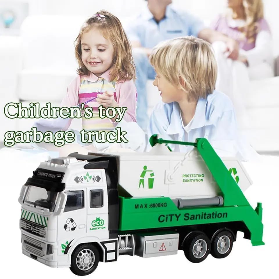 Image of Diecast Sanitation Friction Powered Truck with 360 Movement Top Open Dumper & Pull Back Vehicles Toy Trucks for Kids ?Colors as Per Stock? (City Sanitation Truck)