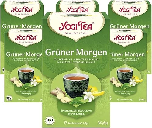 Yogi Tea - Grüner Morgen, Ayurvedischer Bio Gewürz- und Kräutertee, Mischung aus grünem Jasmintee, Ingwer, Zitronenschalen, Yogi Tee 6er Pack, 6x17 Beutel (102 Teebeutel insgesamt), Ideal als Geschenk