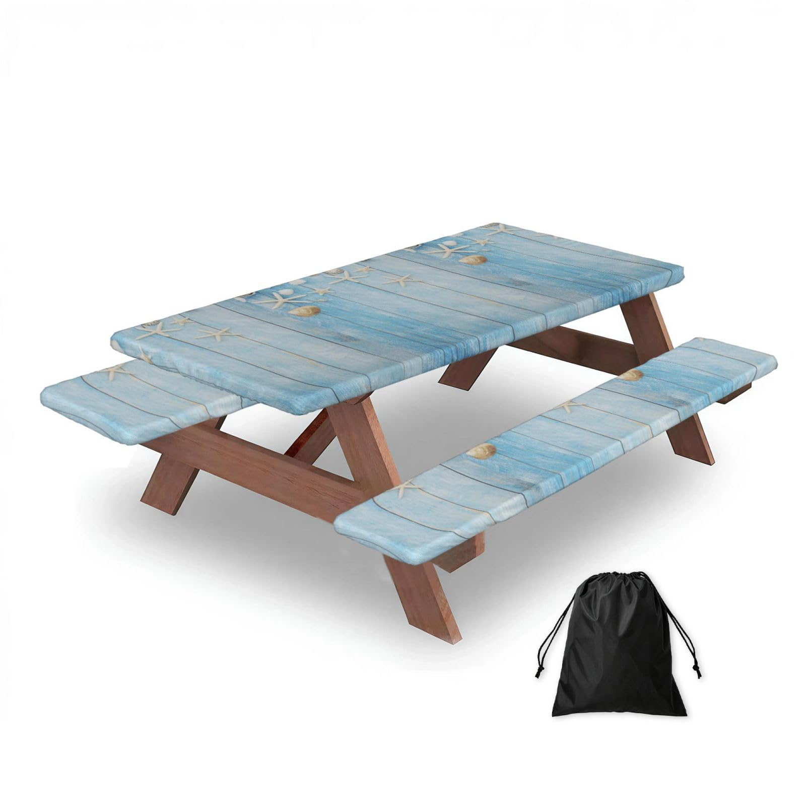Nautical Vintage Board Starfish, Picnic Table Cover With Bench Covers -Waterproof Elastic Fitted Tablecloth for Garden Camping Patio 76x152cm