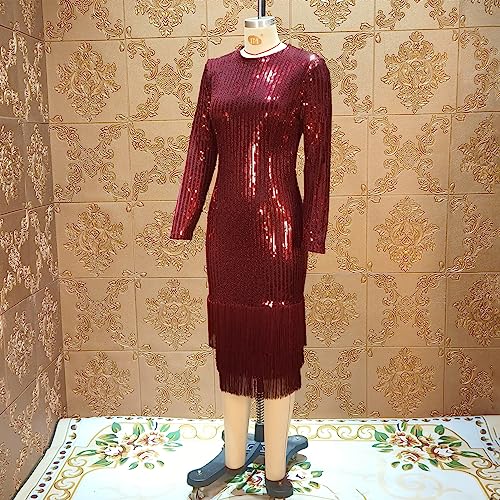 Image of Cololura Sexy Elegant Women Sequin Long Sleeve Tassel Bodycon Midi Dress Party Evening Gown Formal Dress