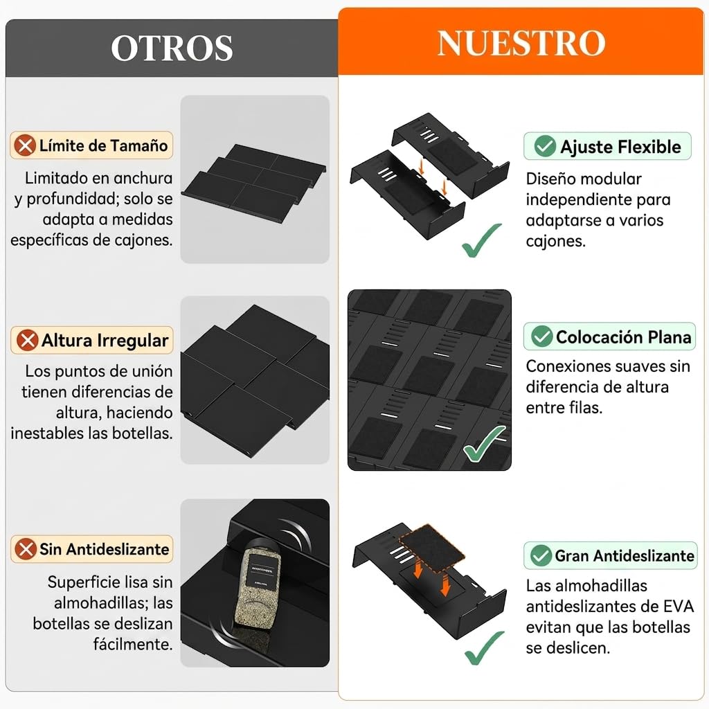 Lifewit Especieros para Cajones Cocina 24 Piezas con 24 Botes, Organizador de Especias Ajustable y Combinable para La Mayoría de Los Cajones, Estante antideslizante para Despensa y Encimera, Negro