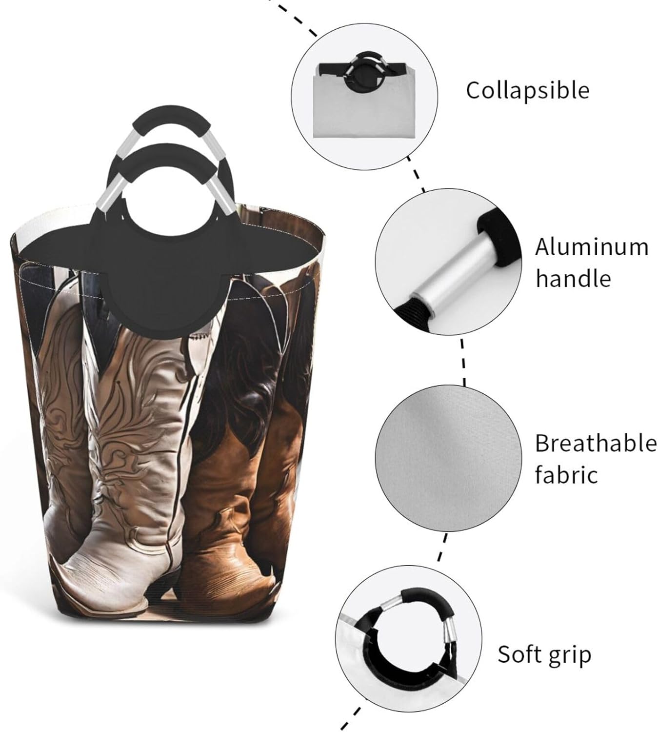 (Cowboy Black Hat Western Boots) Laundry Basket Collapsible Clothes Hamper, Laundry Bag with Handles Blanket Toys Storage Blanket, Dorm Room Essentials Accessories 12.6x11x22.7 in