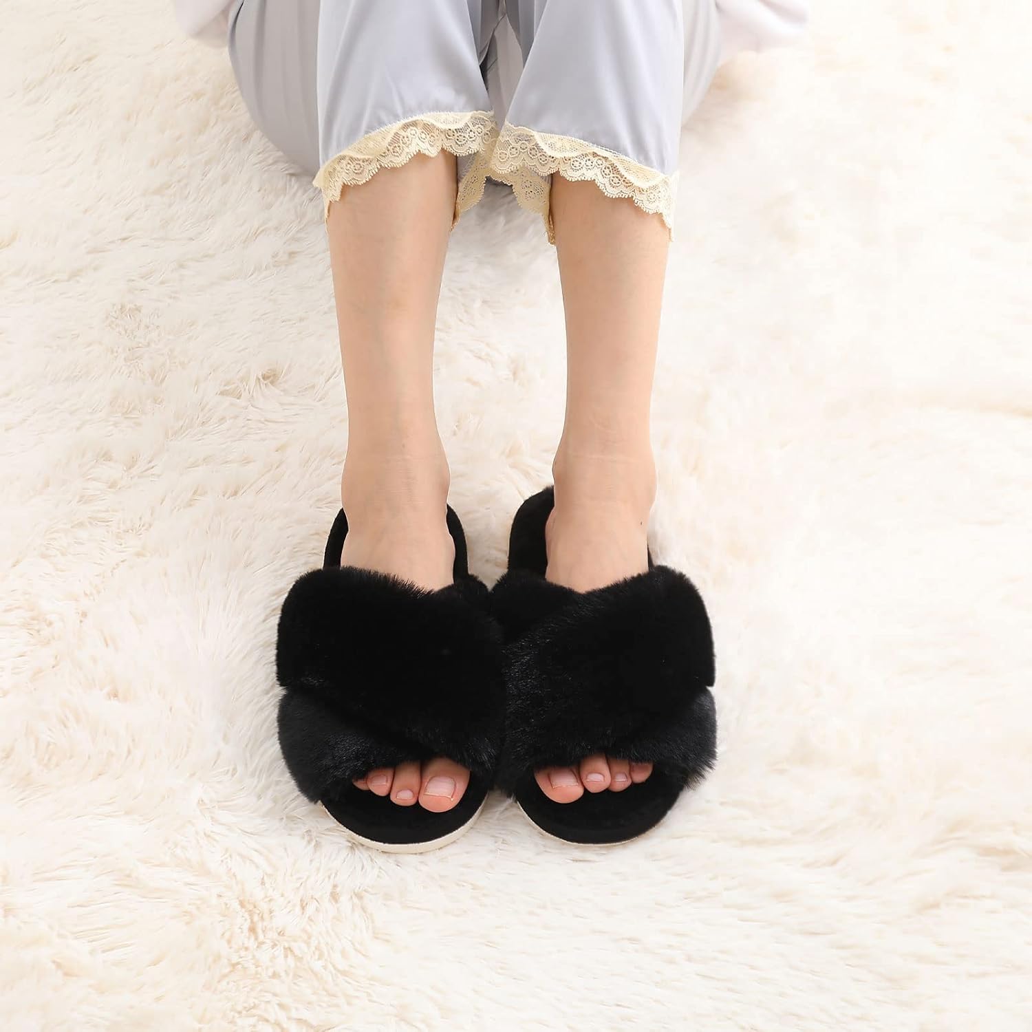 Evshine Women's Fuzzy Slippers Cross Band Memory Foam House Slippers Open Toe - Image 7