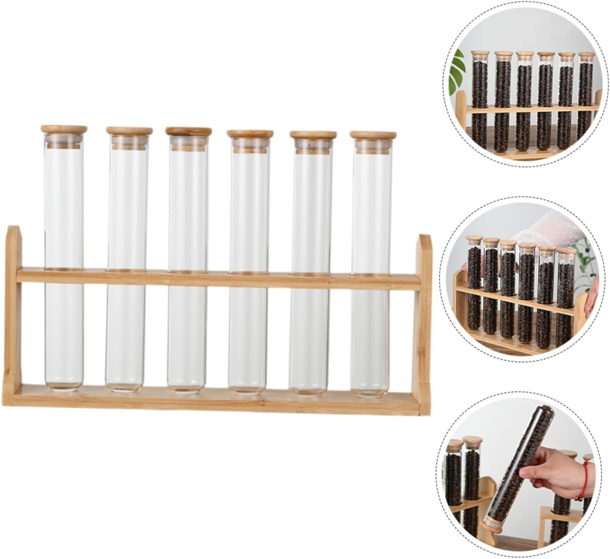 Elegant Coffee Bean Dispensing Bottle Airtight Canister Glass Jar Wooden Stand Bean Storage Tubes Single Dose Storage Coffee Vials Display Stand