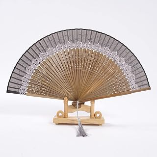 Folding Hand Held Fans,Ladies Handheld Folding Fan Classical Chinese Style Gray Color Changing Crown Silk-Like Fabric Handheld Fans Hollow Bamboo Bones Fans for Summer Party Wedding Dancing