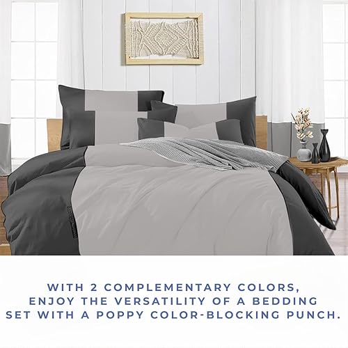 Miniatura 3 de Kotton Culture Funda de edredón Queen de 3 piezas, barra de color en contraste, 100% algodón egipcio con cremallera y lazos en las esquinas,
