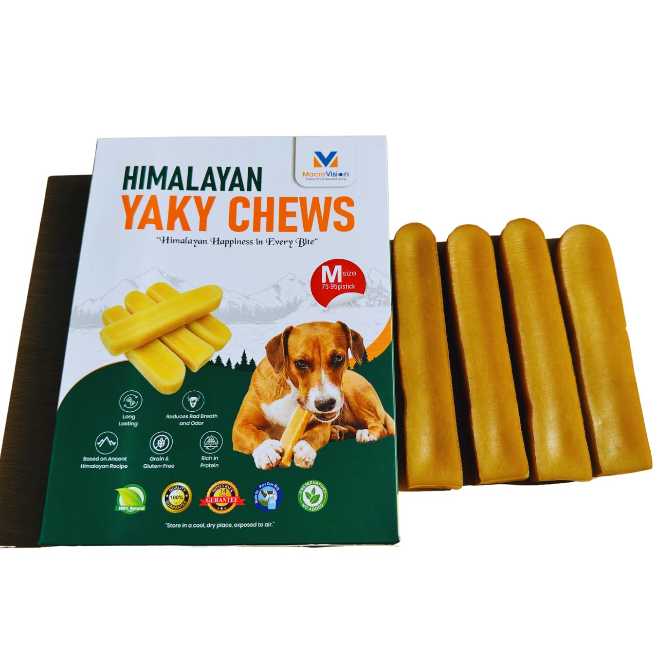 Himalayan Yaky Chews For Dog Treat, 100% Natural Best Cheese Bone For Dog Chew, Made From Pure Yak/Cow Milk Delicious & Long Lasting Chew For All Dog Breed. Size: SML (MacroVision) (M pack of 4)