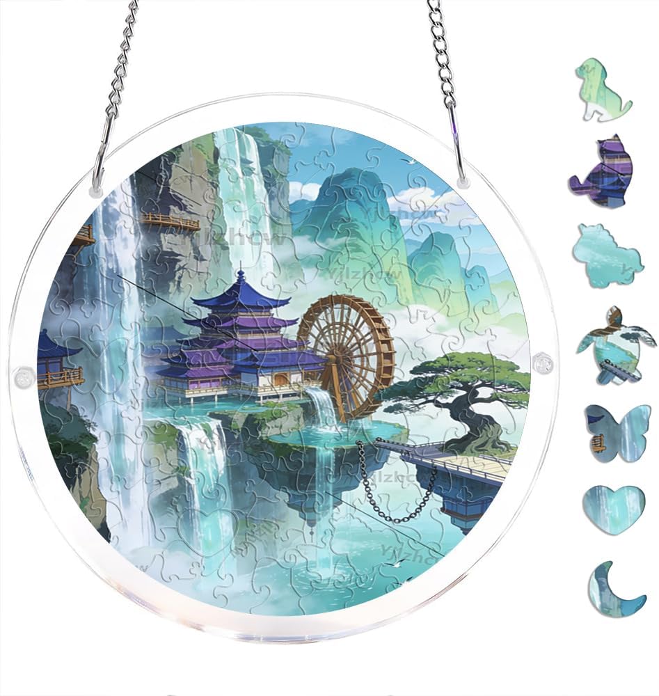 7.48 Inch Anime Mountain Waterfall Temple Acrylic Puzzle Suncatcher | Sunlight Refracting Jigsaw Decor, Smooth Waterproof Build, Versatile for Any Space, Ideal for Outdoor Garden Patio