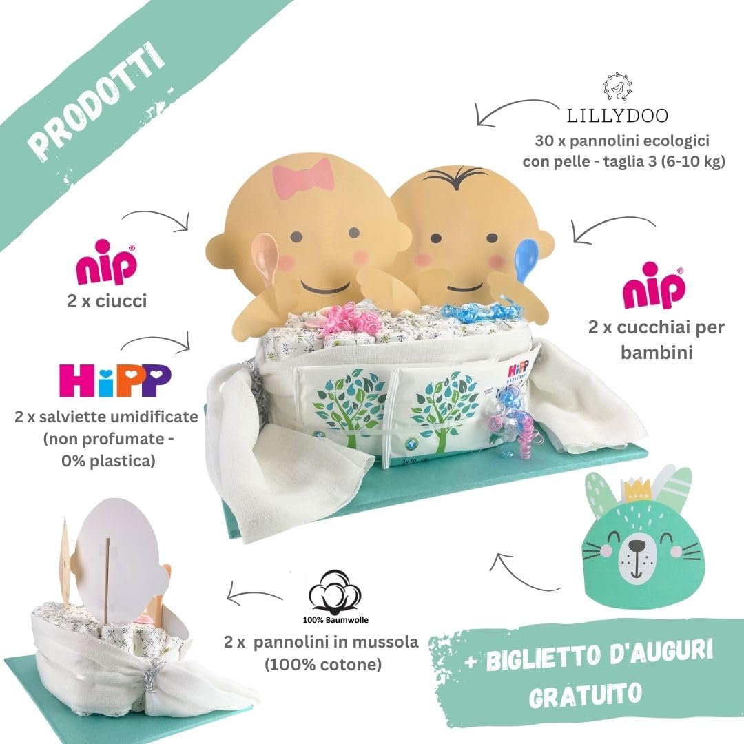 myBambini® Torta di pannolini per gemelli - bambino - bambino e bambina - regalo di nascita - baby shower - bambino - baby shower - gemelli (bambina/ragazzo)